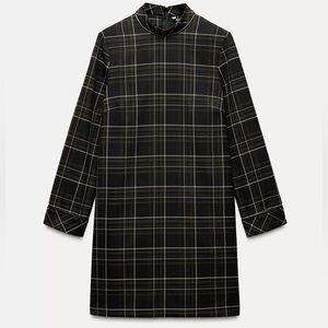 Plaid High-Neck Shift Dress in Black and Olive
